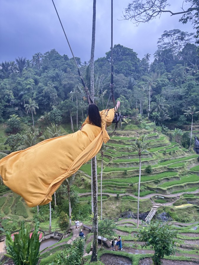 Bali rice terrace swing, yellow dress